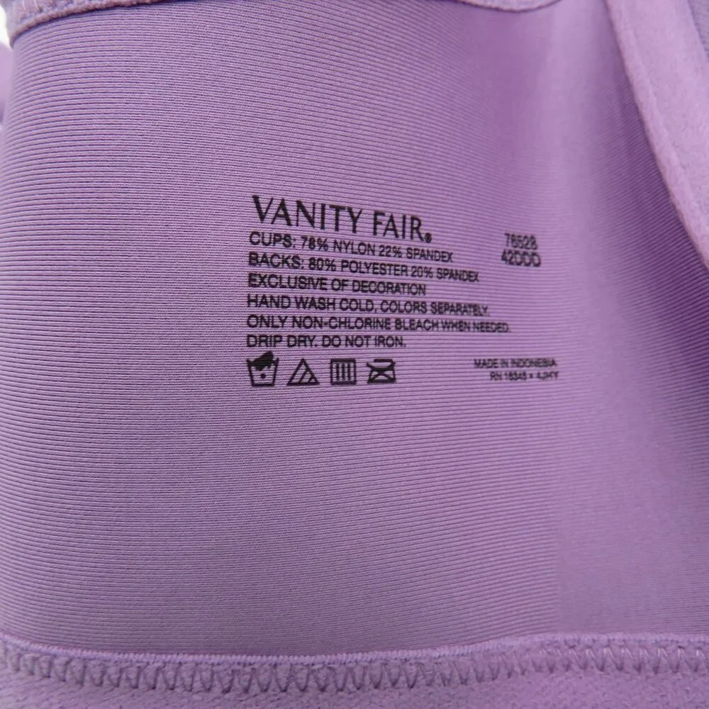 Vanity Fair 42DDD Purple Full Coverage T Shirt Bra Lace Detail Adjustable Straps